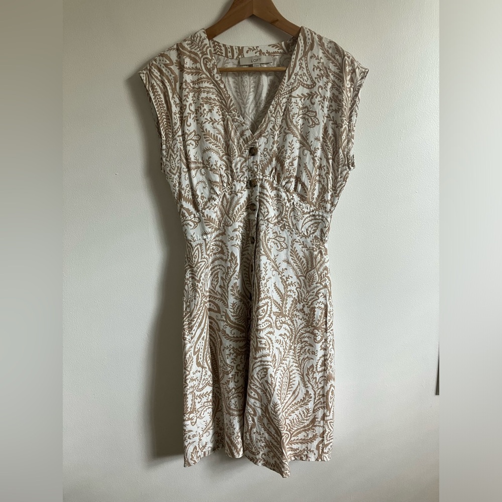 Loft Button Front Tan and Cream Paisley Dress